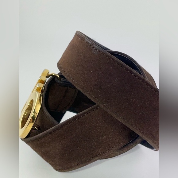 VTG SALVATORE FERRAGAMO GOLD TONE GANCINI BUCKLE BROWN SUEDE LEATHER BELT 26-30  - Picture 2 of 7